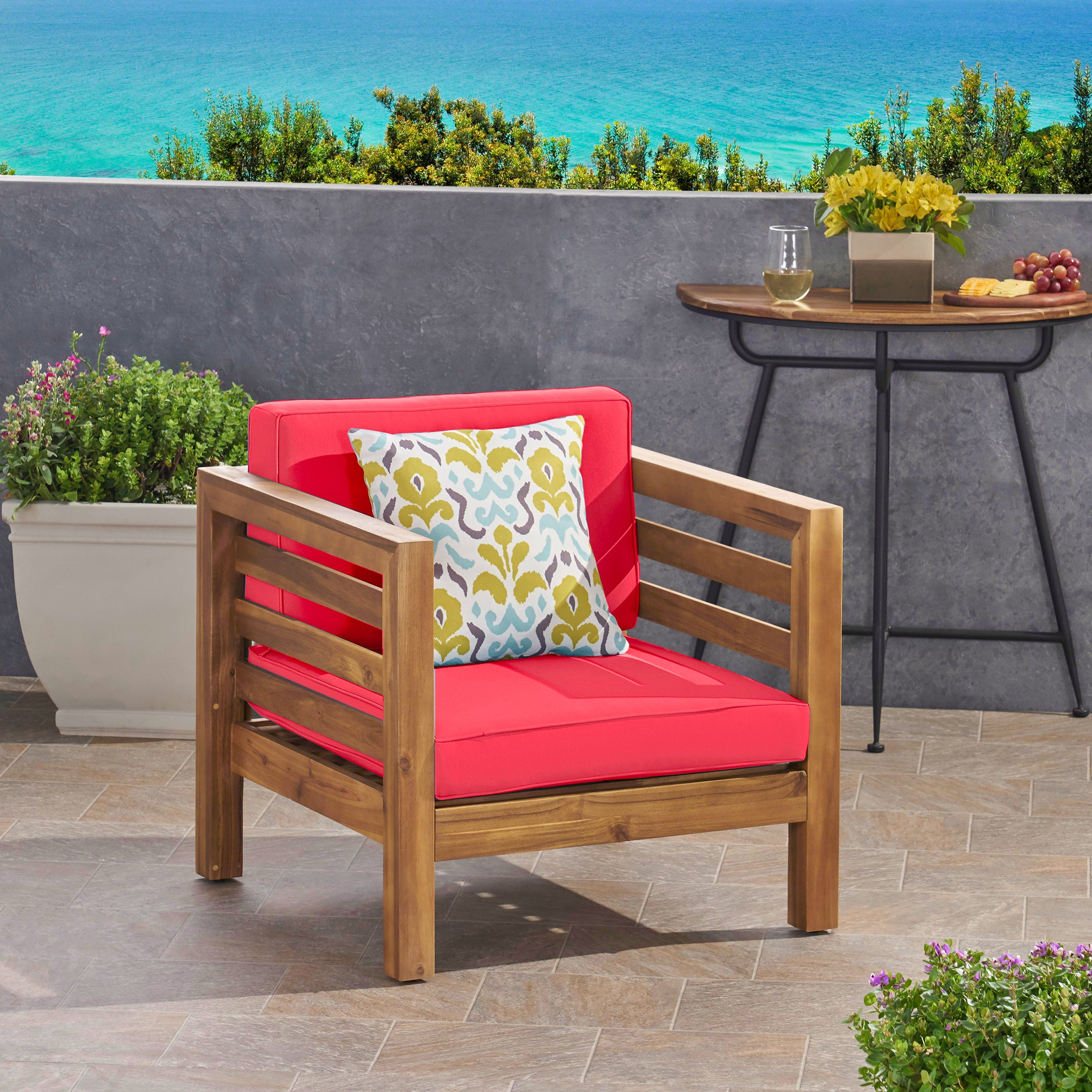 Louise Outdoor Acacia Wood Club Chair with Cushion