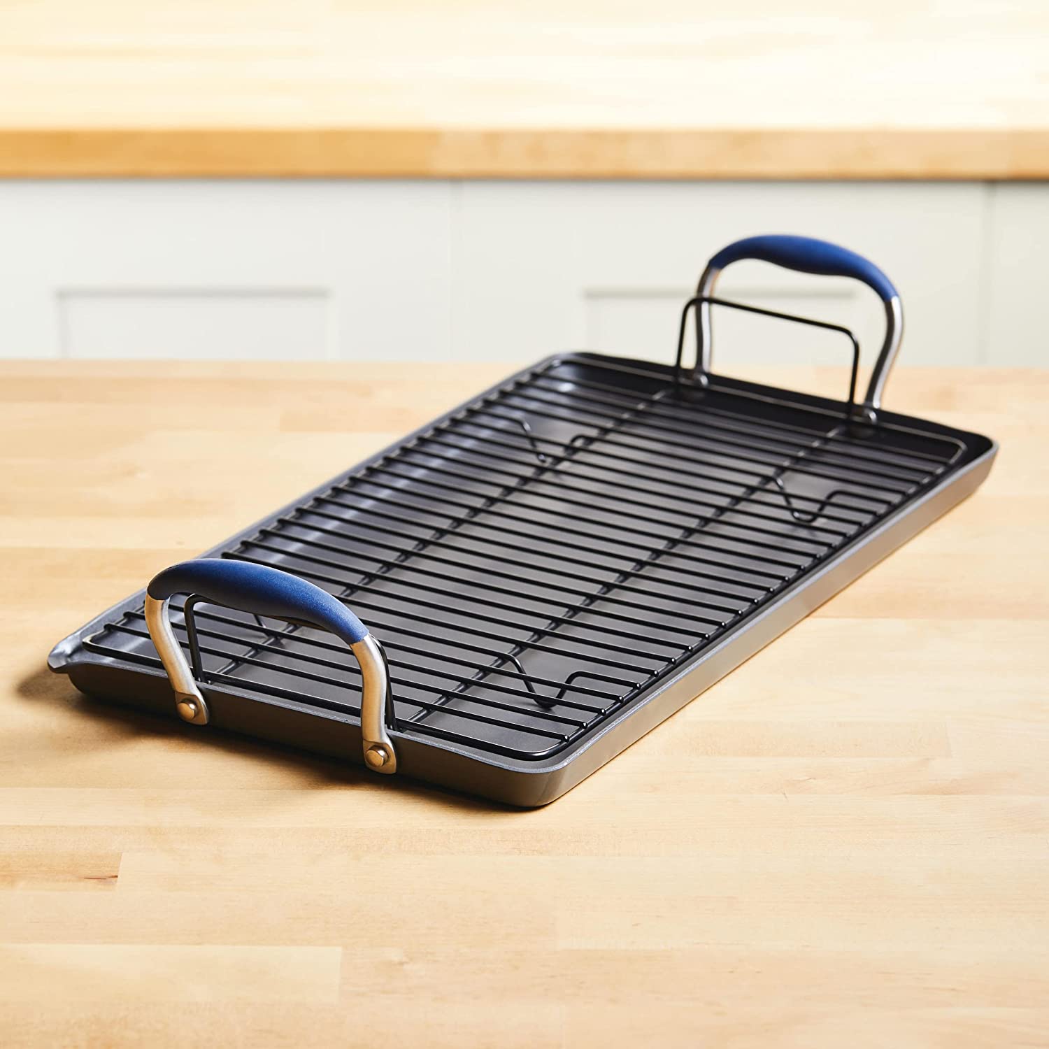 Anolon 84615 Advanced Hard Anodized Nonstick Pan/Flat Grill/Griddle Rack， 10 Inch x 18 Inch， Indigo Blue