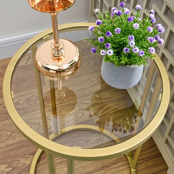 Gold Glass End Table with Metal Frame Round Side Table