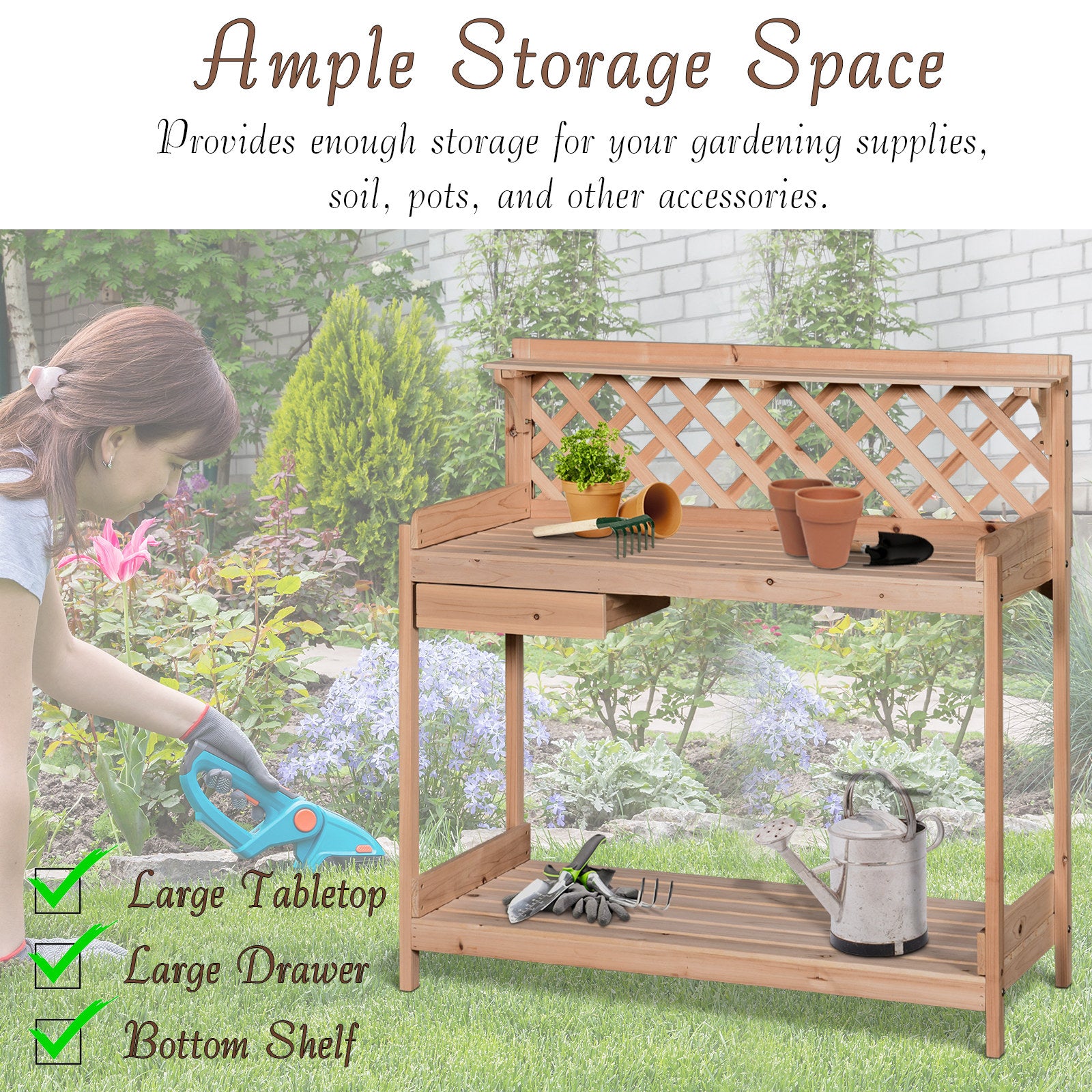 Tomshoo Garden Wooden Workstation Table Potting Bench with Drawer Hooks Open Shelf Lower Storage and Lattice Back for Patio Backyard Porch