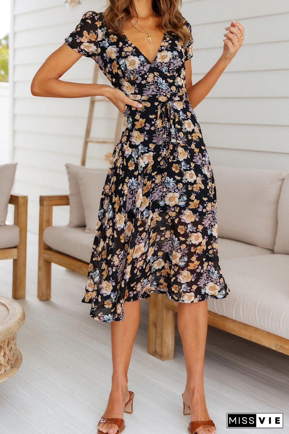 V Neck Short Sleeve Waist Tie Floral Dress