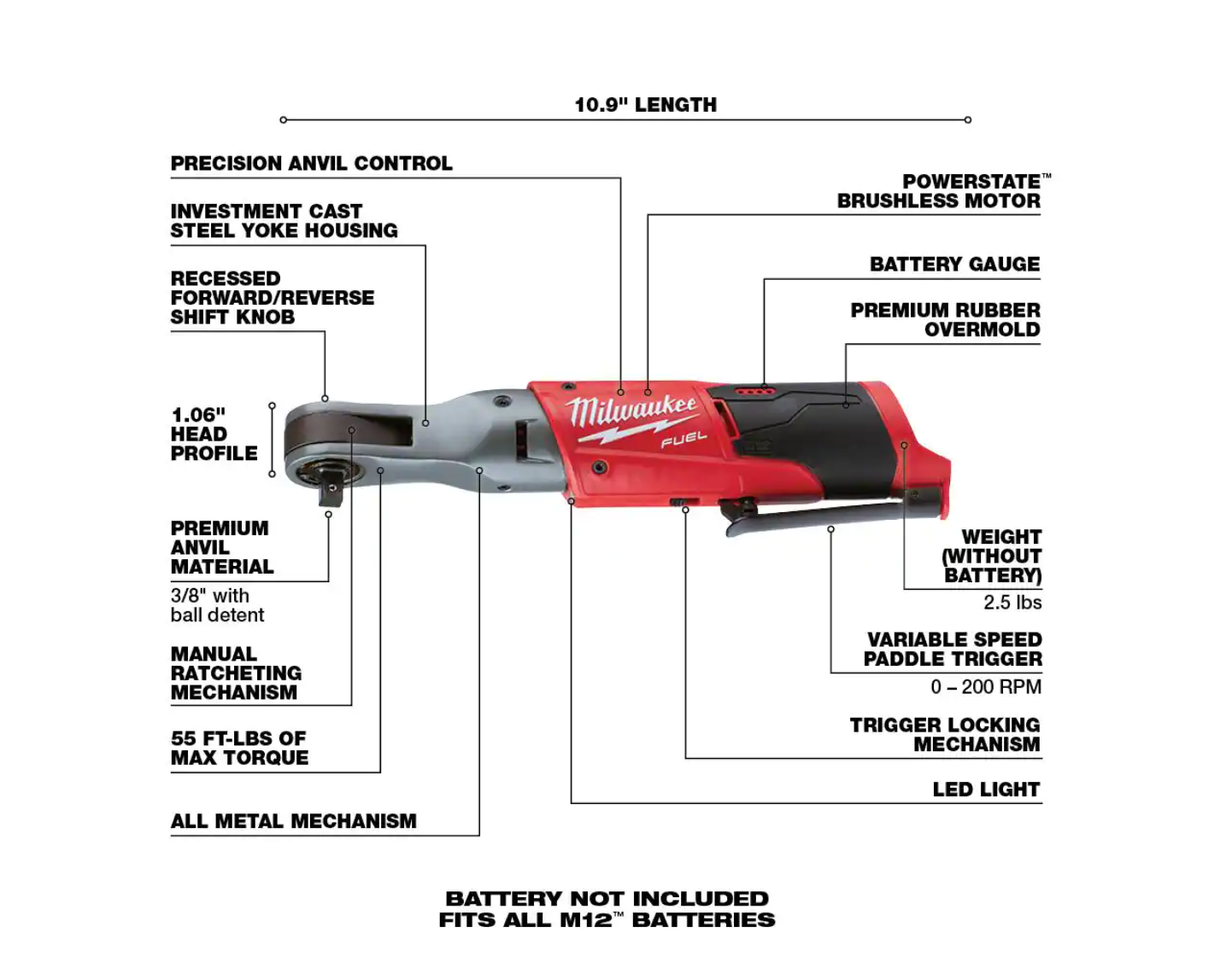 Milwaukee 2557-20 M12 FUEL 12-Volt Lithium-Ion Brushless Cordless 3/8 in. Ratchet (Tool-Only)