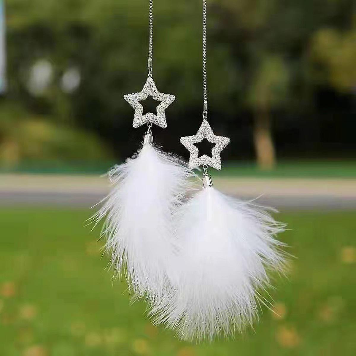 Car Rearview Mirror Feather Pendant Blingbling Creative Rhinestone Home Pendant For Women And Men Car Pendant Accessories White Stars