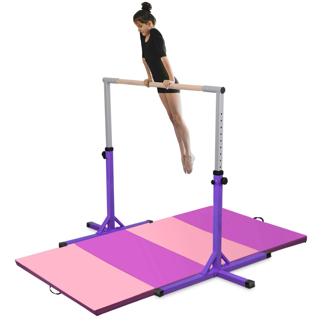 Costzon Junior Training Bar with 4 ft Gymnastics Mat, 3' to 5' Height Adjustable 1-4 Levels Exercise Kip Bar w/Double Locking Mechanism