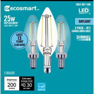 EcoSmart 25-Watt Equivalent B11 Dimmable E12 Candelabra ENERGY STAR Clear Glass LED Vintage Edison Light Bulb Daylight (3-Pack) FG-04066