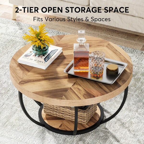 Round Coffee Table， Modern 2-Tier Center Table - Wood