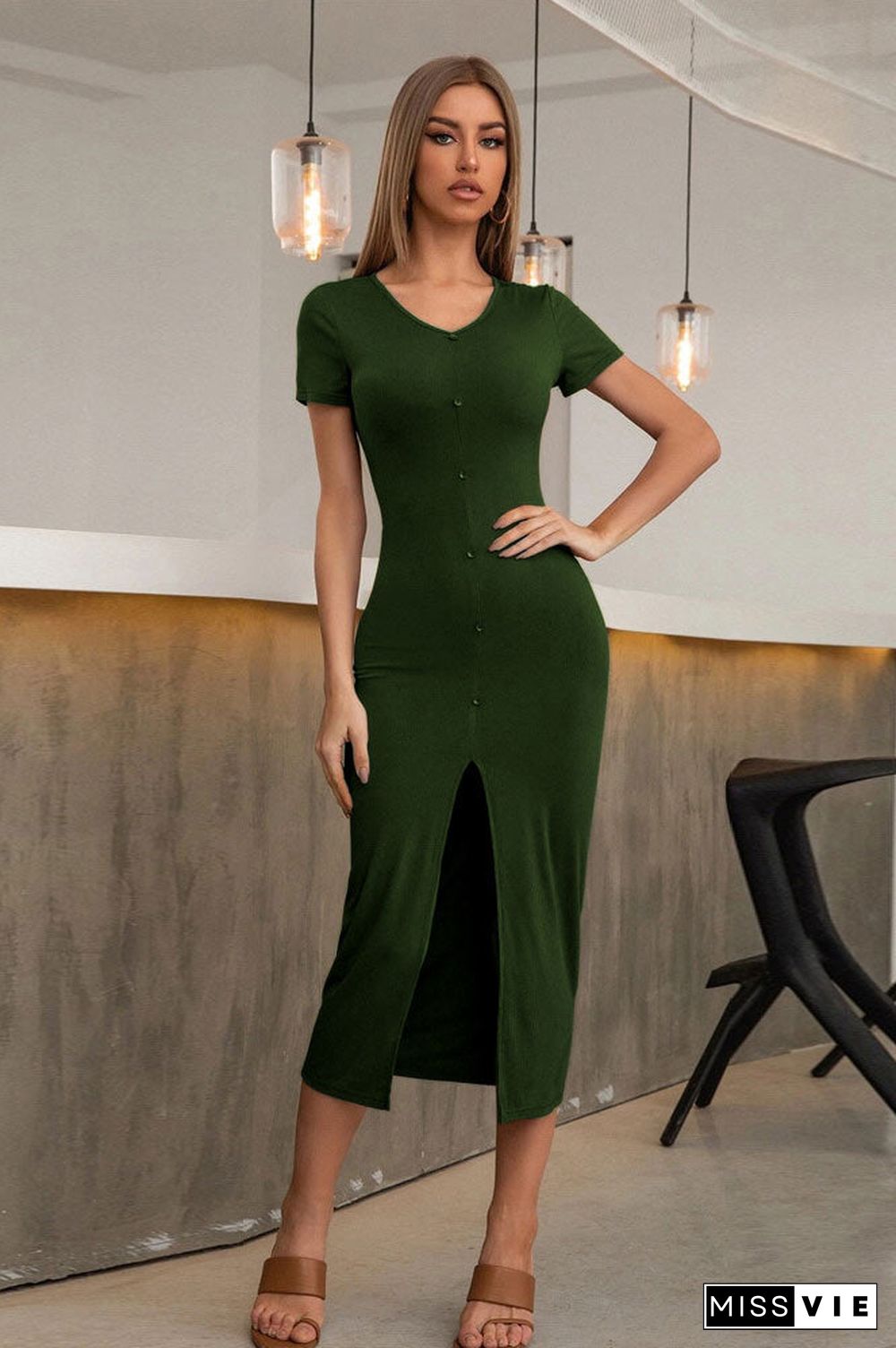 Dark Green Short Sleeve Midi Bodycon Dress