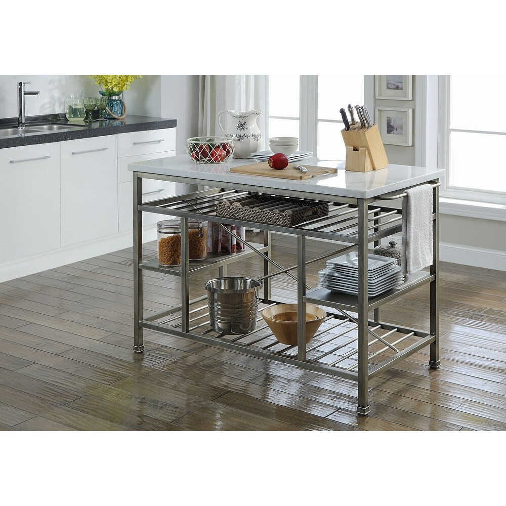 ACME Lanzo Kitchen Island (Counter) in Marble   Antique Pewter