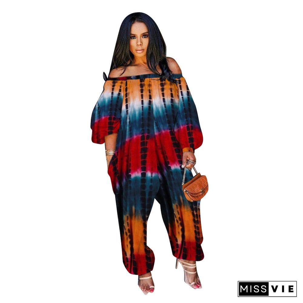 Women Streetwear Summer Pocket Design Lantern Sleeve Tie Dye Print Off Shoulder Plus Size Jumpsuit