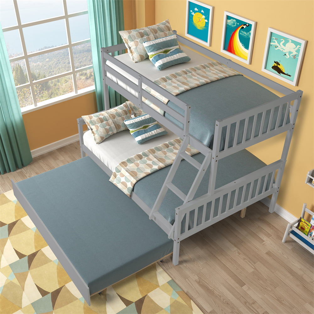 Vanelc Twin Over Full Bunk Bed with Trundle, Pine Wood Frame and Ladder with Guard Rails for Teens, Boys, Girls, Gray