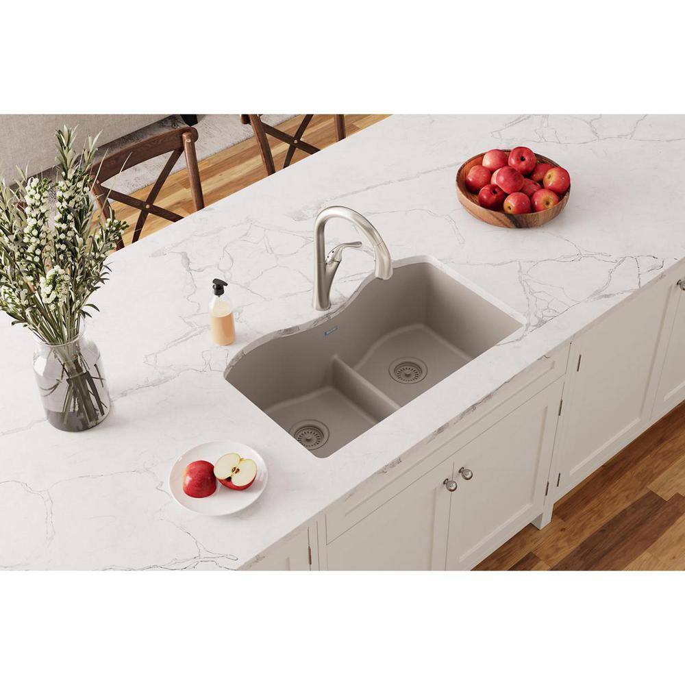 Elkay Quartz Classic Greige Quartz 33 in. Equal Double Bowl Undermount Kitchen Sink with Aqua Divide ELGULB3322GR0