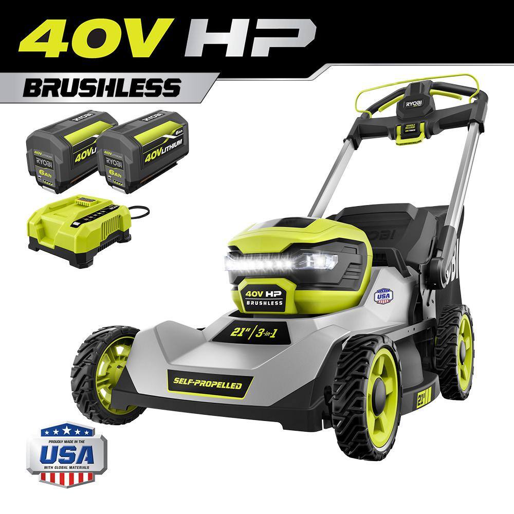 RYOBI 40V HP Brushless 21 in. Cordless Battery Walk Behind Self-Propelled Lawn Mower with (2) 6.0 Ah Batteries and Charger RY401140