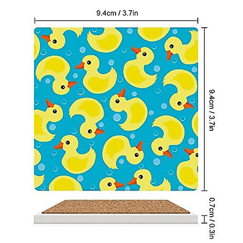 Colourlife Square Drink Coasters 2 Pcs Cute Yellow Ducks Absorbent Ceramic Coffee Coasters For Drinks With Cork Base Housewarming Gift For Home Decor