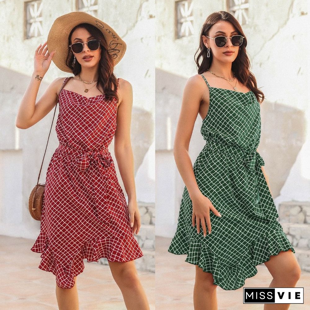 Elegant Women Summer Dresses Ruffled Irregular Hem Plaid Sling Dress New Casual Spaghetti Strap Lace-up Backless Midi Dress