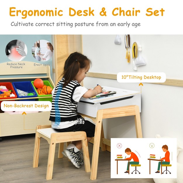 Tangkula Kids Study Table And Chair Set Wooden Activity Art Desk W tilted Tabletop Brown white