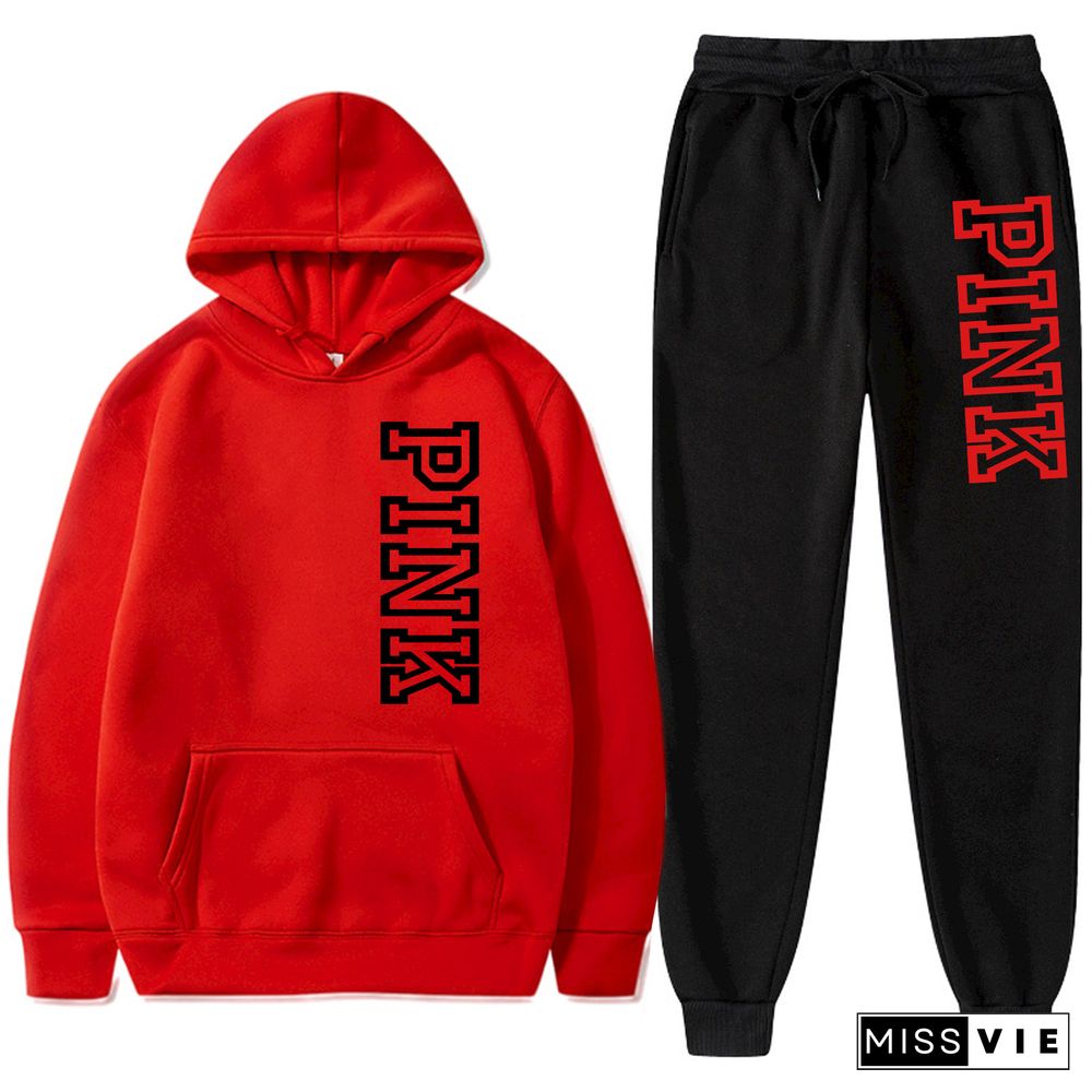 PINK Letter Pocket Hoodies Sweatpants Tracksuit