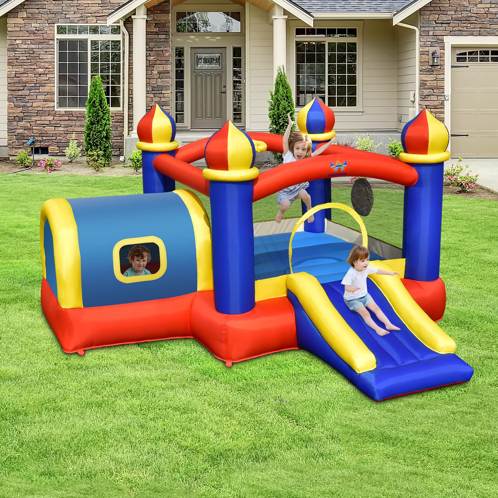 Costzon Inflatable Bounce House, 5 in 1 Bouncy Castle for Kids Indoor Outdoor with Playhouse,