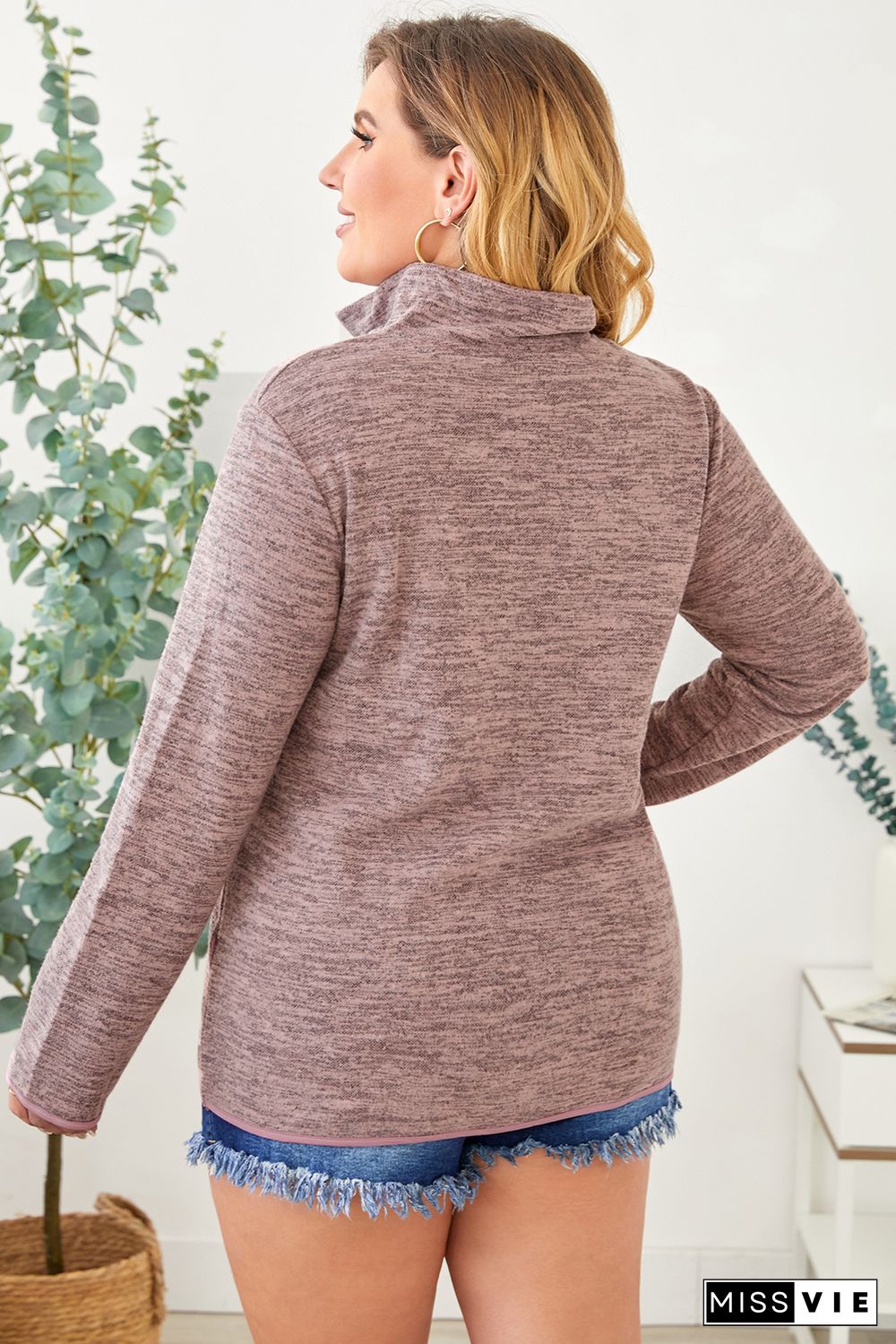 Heathered Turn-down Zip Collar Plus Size Sweatshirt