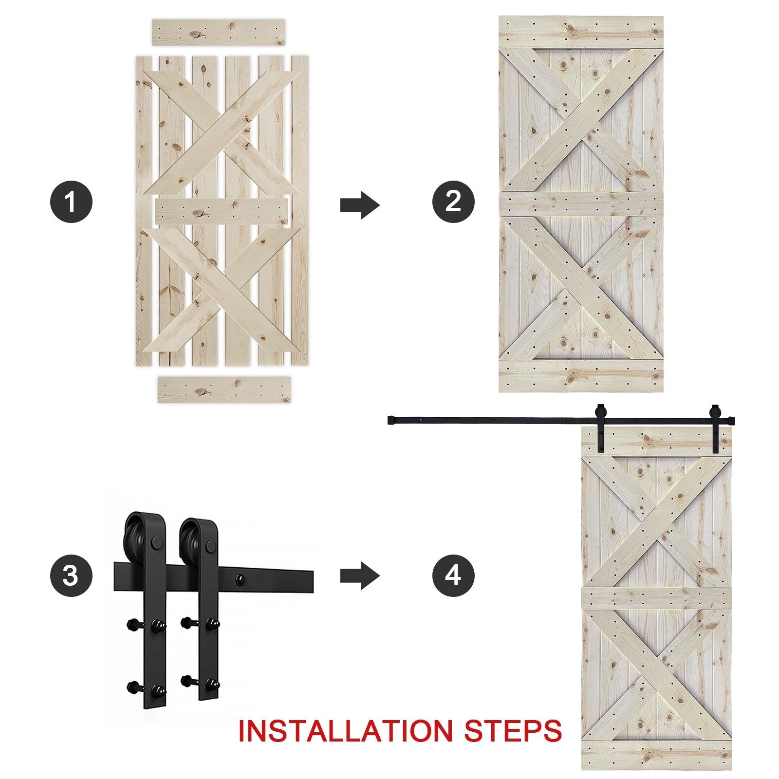 Sliding Barn Wood Door with Hardware Kit， Pre-Drilled to Assemble， Solid Interior Knotty Pine Wood Painted Single Door， X Shape Unfinished 36