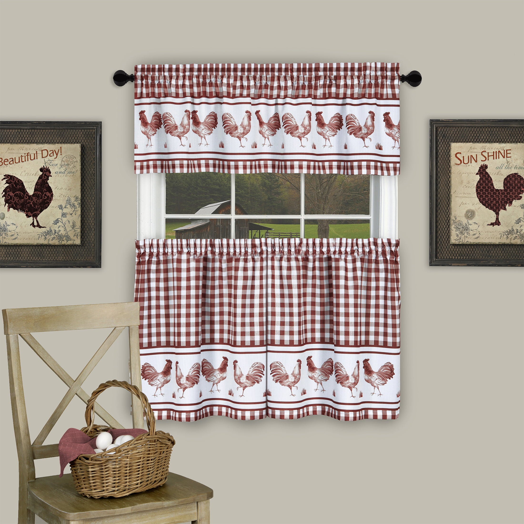 PowerSellerUSA 3 Piece Kitchen Curtain Set, Gingham Tier Pair and Valance, Country Rooster Decor for Kitchen and Living Room, Premium Buffalo Plaid Curtains, 58 W x 24 L, Burgundy