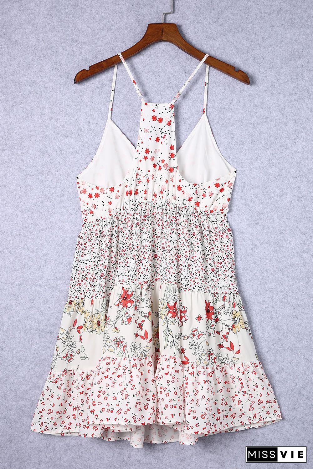 White Floral Ruffled Spaghetti Strap Mini Dress