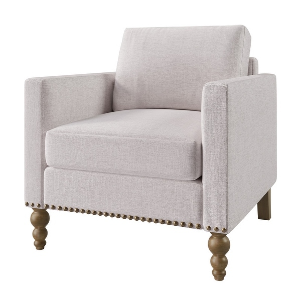 Classic Linen Armchair Accent Chair w/Bronze Nailhead Trim Wooden Legs