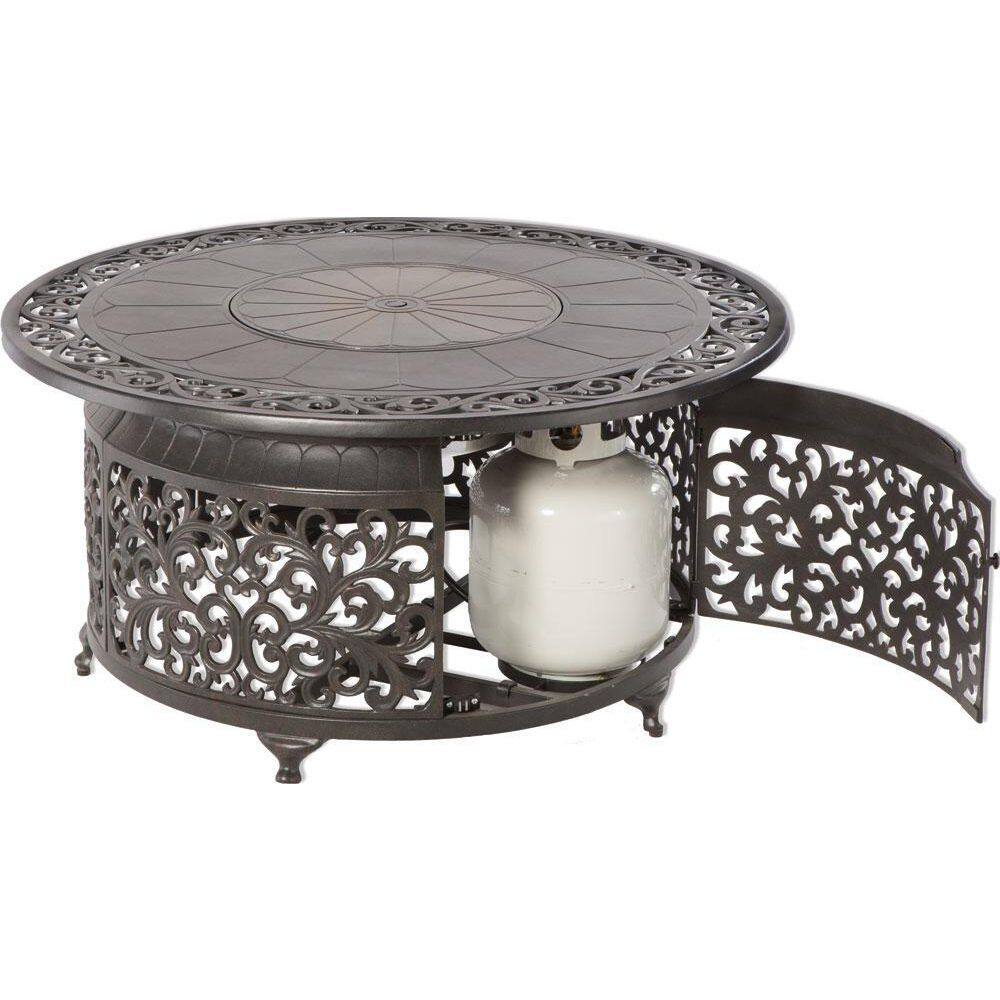 Alfresco Bellagio 22 in. x 48 in. Round Cast Aluminum Propane Gas Fire Pit Table with Glacier Ice Firebeads 55-3008