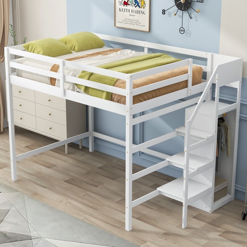 Modern Wooden Full Size Loft Bed with Built in Storage Wardrobe and Staircase