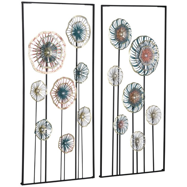 Homcom 3d Metal Wall Art Set Of 2 Modern Flower Hanging Wall Sculpture Home Decor For Living Room Bedroom Kitchen 15 75 quot x31 5 quot x2 quot Blue Silver Gold