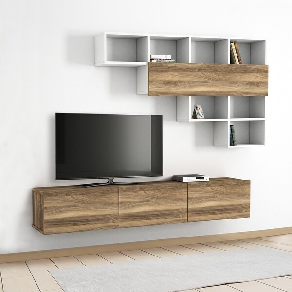 71 Inch Wall Mount TV Console Entertainment Cabinet， 3 Doors， 1 Floating Shelf， Light Walnut， White