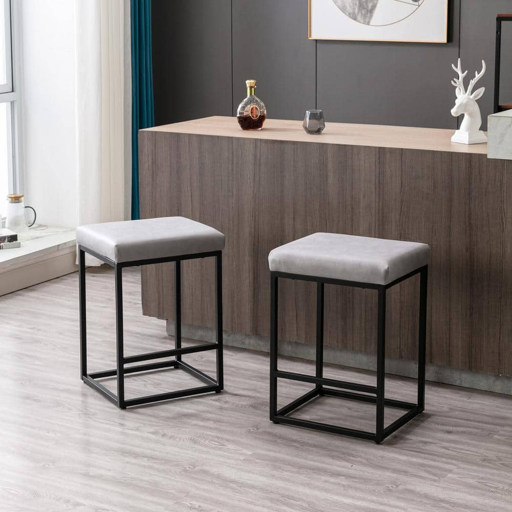 URTR 24 in. Gray Counter Height Backless Bar Stools Set Dining Stools with Faux Leather Seat and Metal Frame (Set of 2) HY02157Y