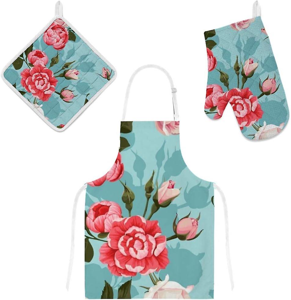 Insulation Kitchen Oven Mitts Potholder Apron 3pcs Set Peony And Roses Non Slip Heat Resistant Gloves For Baking Cooking Bbq