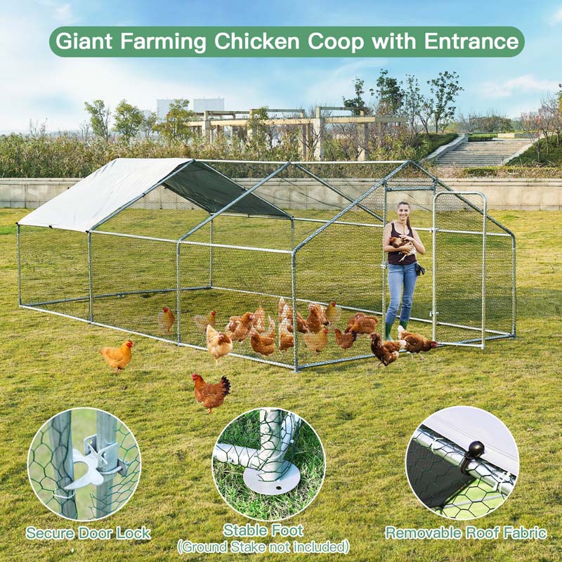 10' x 20' x 6.5' Galvanized Metal Large Walk-in Chicken Coop Cage Runs Hen House with Cover & Lockable Door