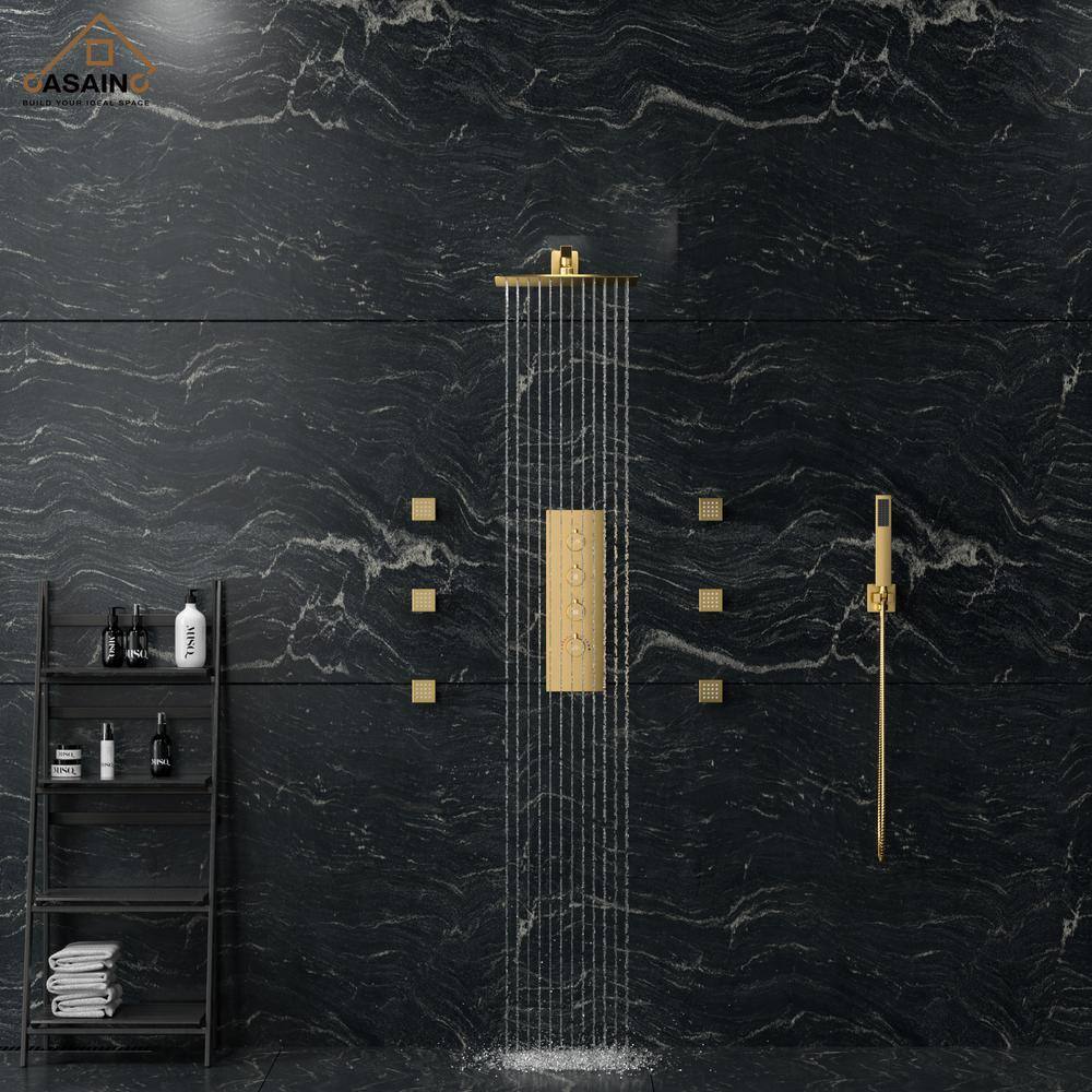 CASAINC 6-Spray Pattern 12 in. Wall Mounted Rainfall Shower Faucet and Dual Shower Heads System With 6 Body Jets In Brushed Gold CS6077-BG