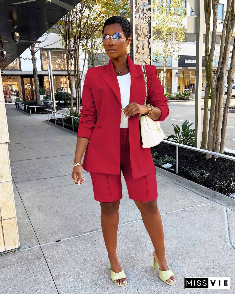 Solid Color Office Lady Blazer Two Piece Shorts Suit