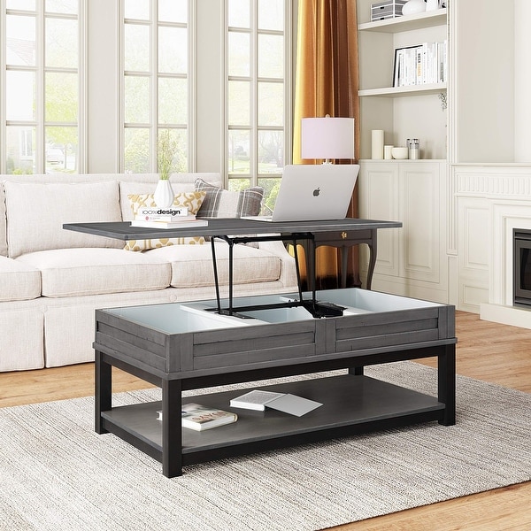 Lift Top Coffee Table with Inner Storage Space and Shelf， Wooden Lift Tabletop， Sofa Side Table - as picture