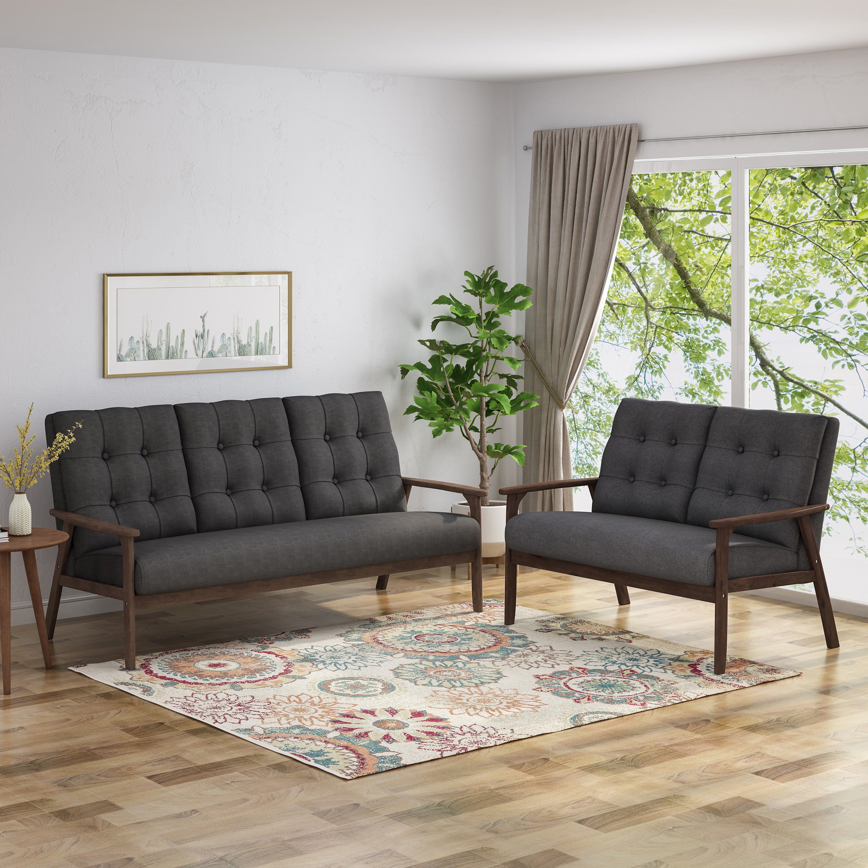 Maureen Mid Century Modern 2-Piece Fabric Sofa & Love Seat Living Room Set