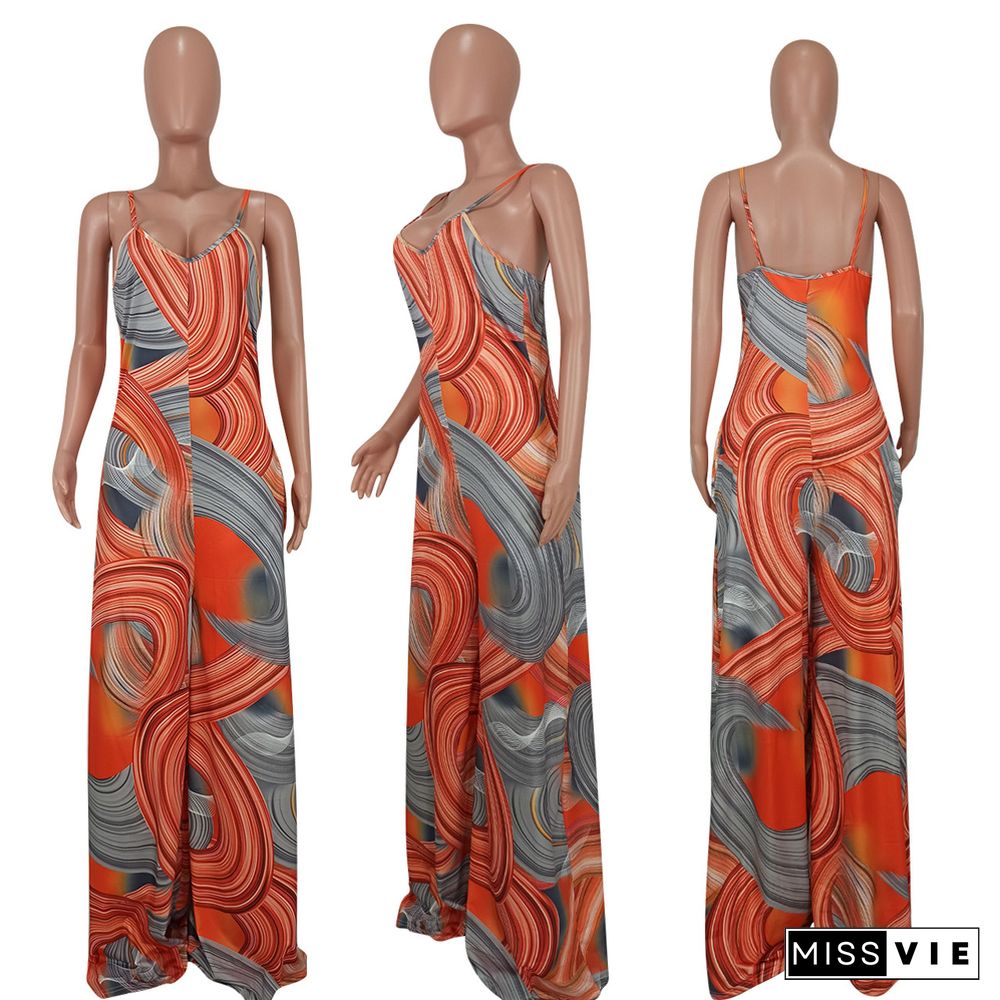 Sleeveless Spaghetti Strap Print Loose Wide Leg Jumpsuit