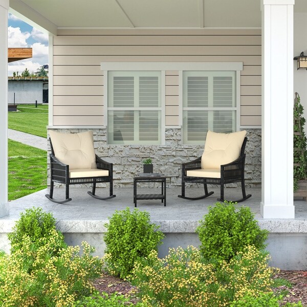 VEIKOUS 3Piece Outdoor Wicker Patio Porch Rocking Chair and Rattan Coffee Table Set with Cushions and Pillows