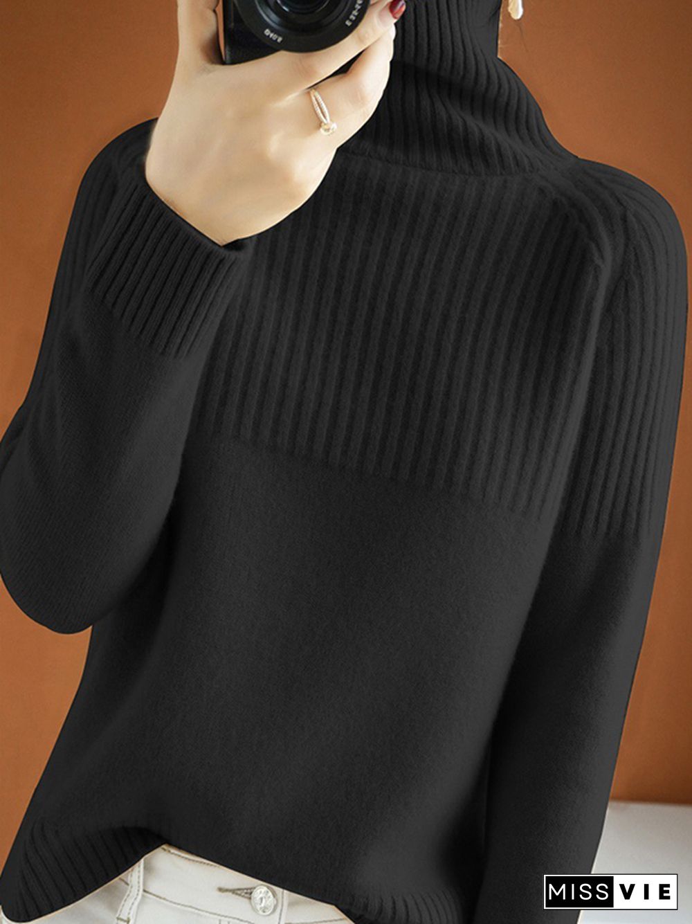 Casual Long Sleeves Loose Solid Color High-Neck Sweater Tops