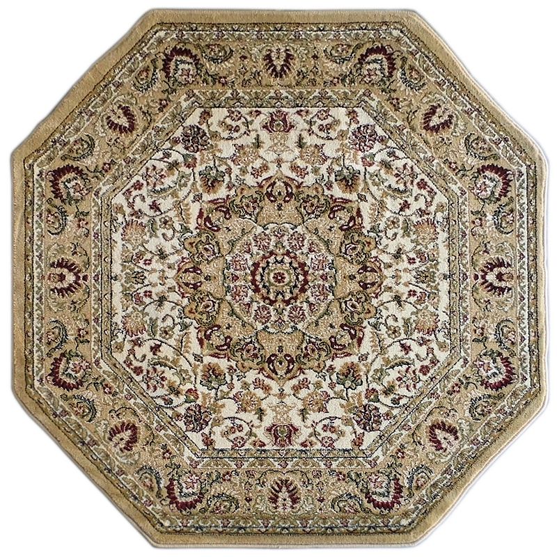 Merrick Lane Traditional Maidon 4' x 4' Persian Style Floral Medallion Motif Octagon Olefin Area Rug with Jute Backing in Ivory