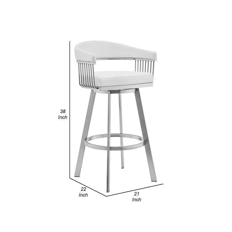 Oliver 30 Inch Bar Stool， Vegan Faux Leather， Swivel， Slatted， White Chrome