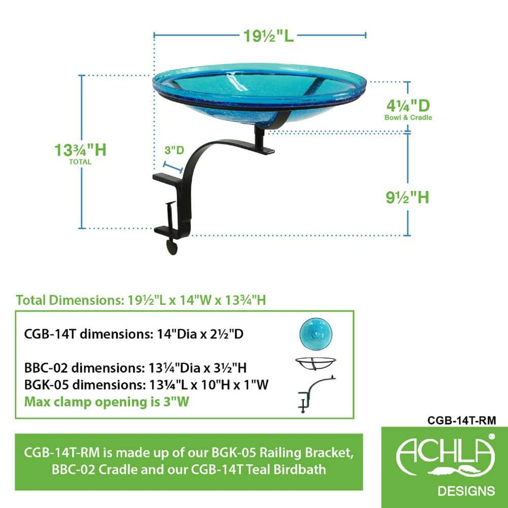 ACHLA DESIGNS 14 in. Dia Teal Blue Reflective Crackle Glass Birdbath Bowl with Rail Mount Bracket CGB-14T-RM