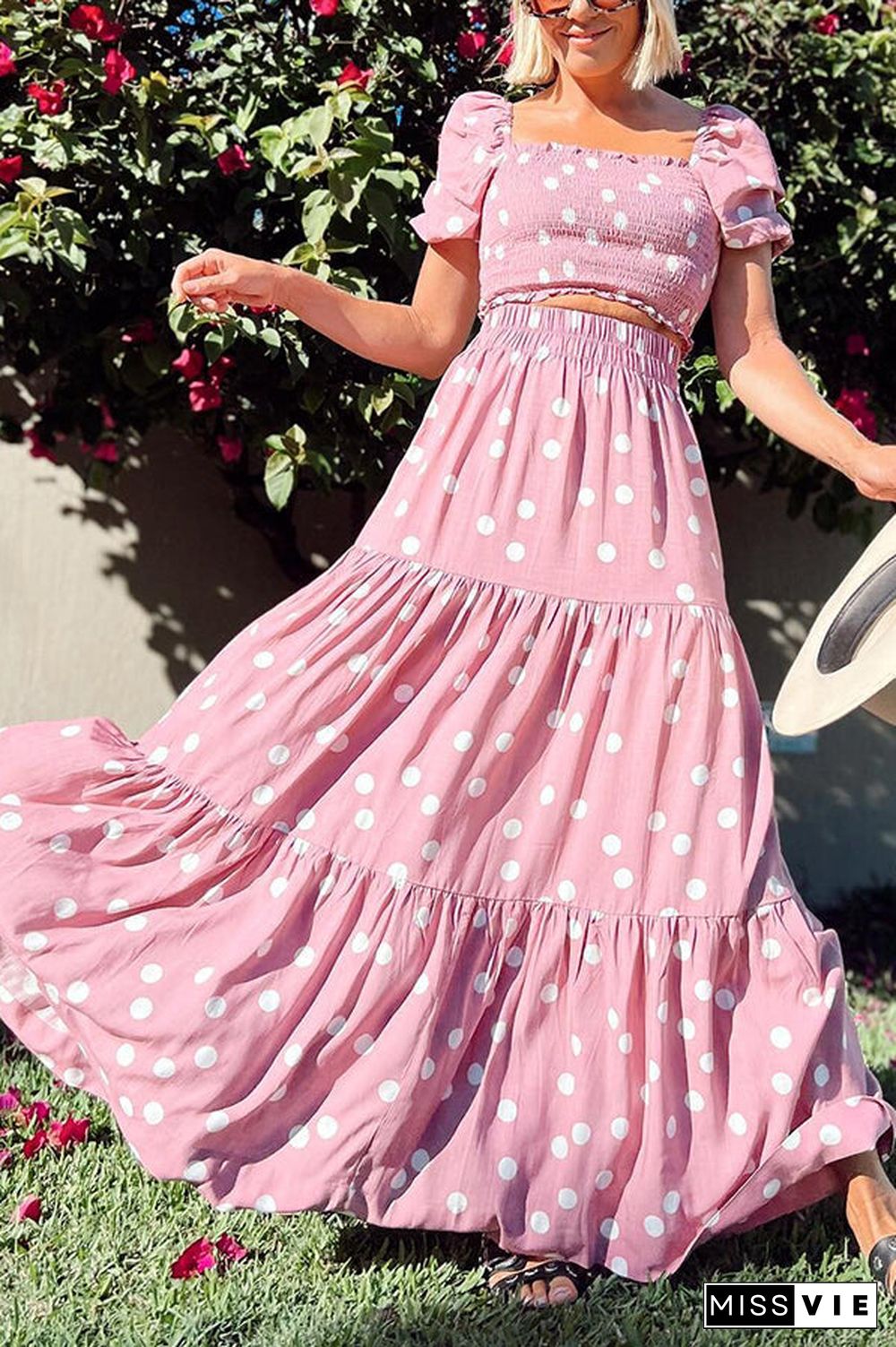 Dot Puff Sleeve Crop Maxi Skirts Set