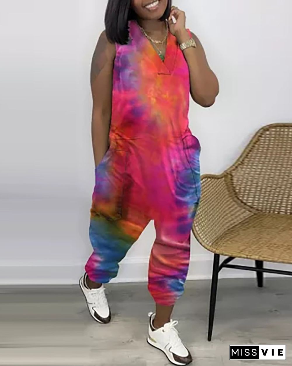 Tie Dye Print Pocket Design Sleeveless Jumpsuit