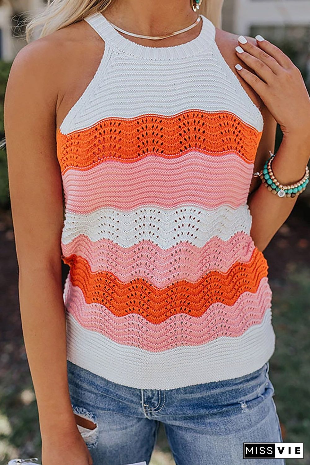 Orange Knit Colorblock Tank Top