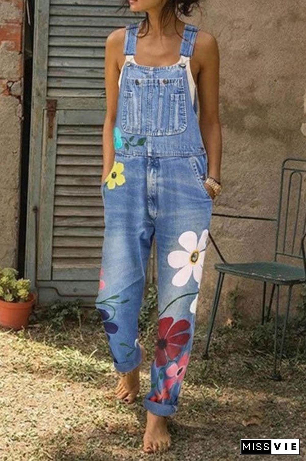 Fashion Flower Printed Denim Jumpsuits