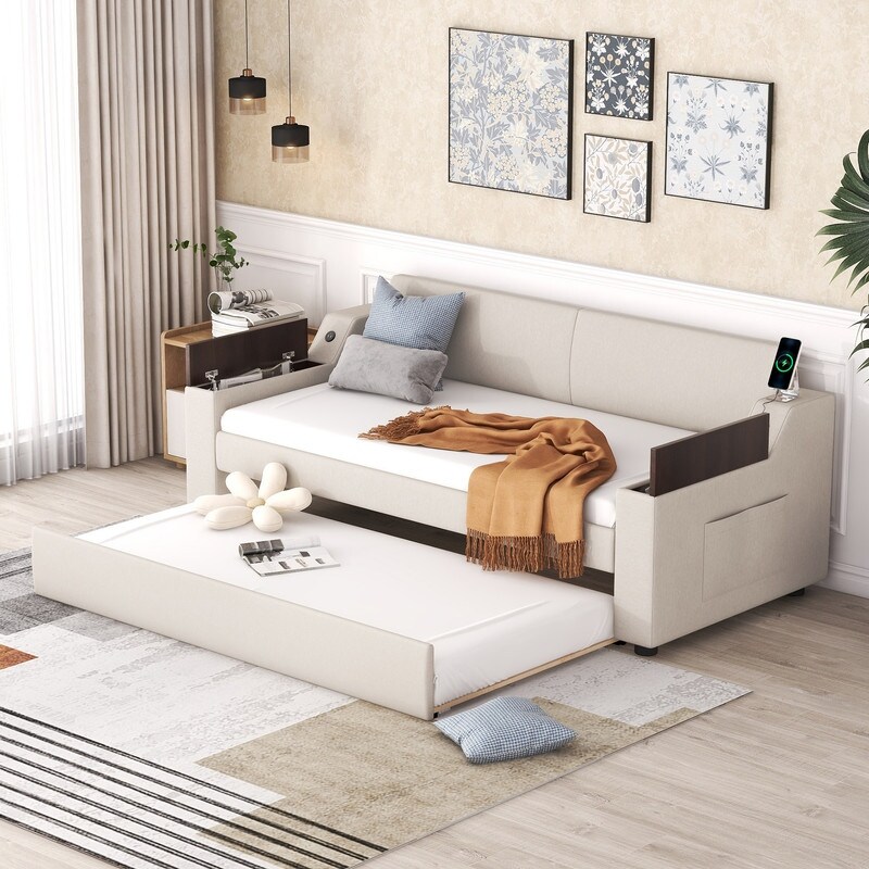 Twin Size Upholstery Daybed with Trundle and USB Design and Storage Arms Sofa Bed