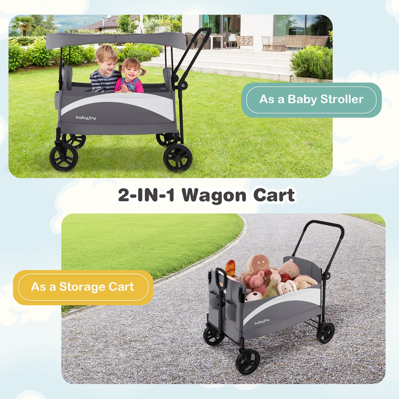 Collapsible Wagon Stroller for 2 Kids & Cargo, Push Pull Double Stroller