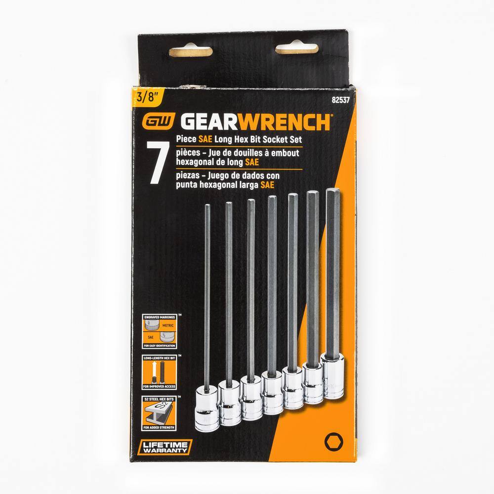 GEARWRENCH 38 in. Drive SAE Long Length Hex Bit Socket Set (7-Piece) 82537